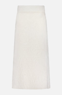 The Asta A-line Cashmere Skirt by LISA YANG is a knee-length, high-waisted white fuzzy skirt with a straight silhouette, shown against a plain white background.
