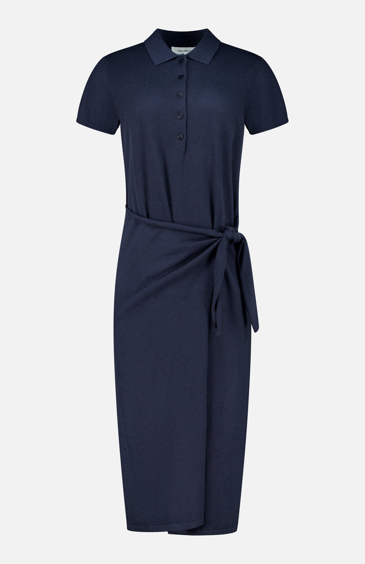 The Anthea Twist-front Midi Dress by LISA YANG, featuring a navy blue short-sleeve design with a buttoned neckline and matching fabric waist tie, showcases the elegant silhouette of a classic navy midi dress, displayed on a plain white background.