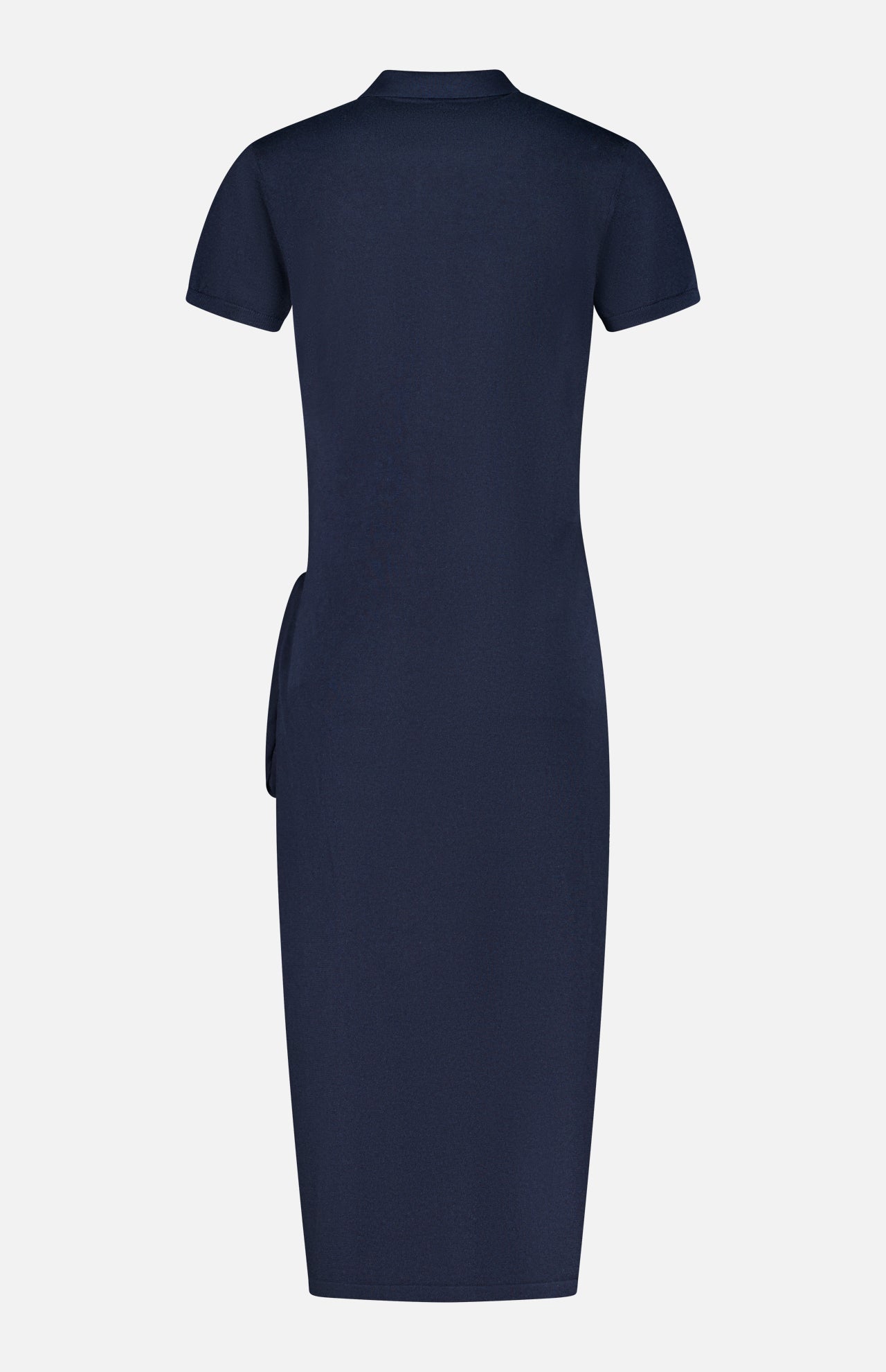 The back view showcases the LISA YANG Anthea Twist-front Midi Dress in navy—a short-sleeved, knee-length piece with a simple, fitted silhouette and no visible patterns or embellishments, ideal for anyone drawn to the timeless elegance of a classic navy midi dress.