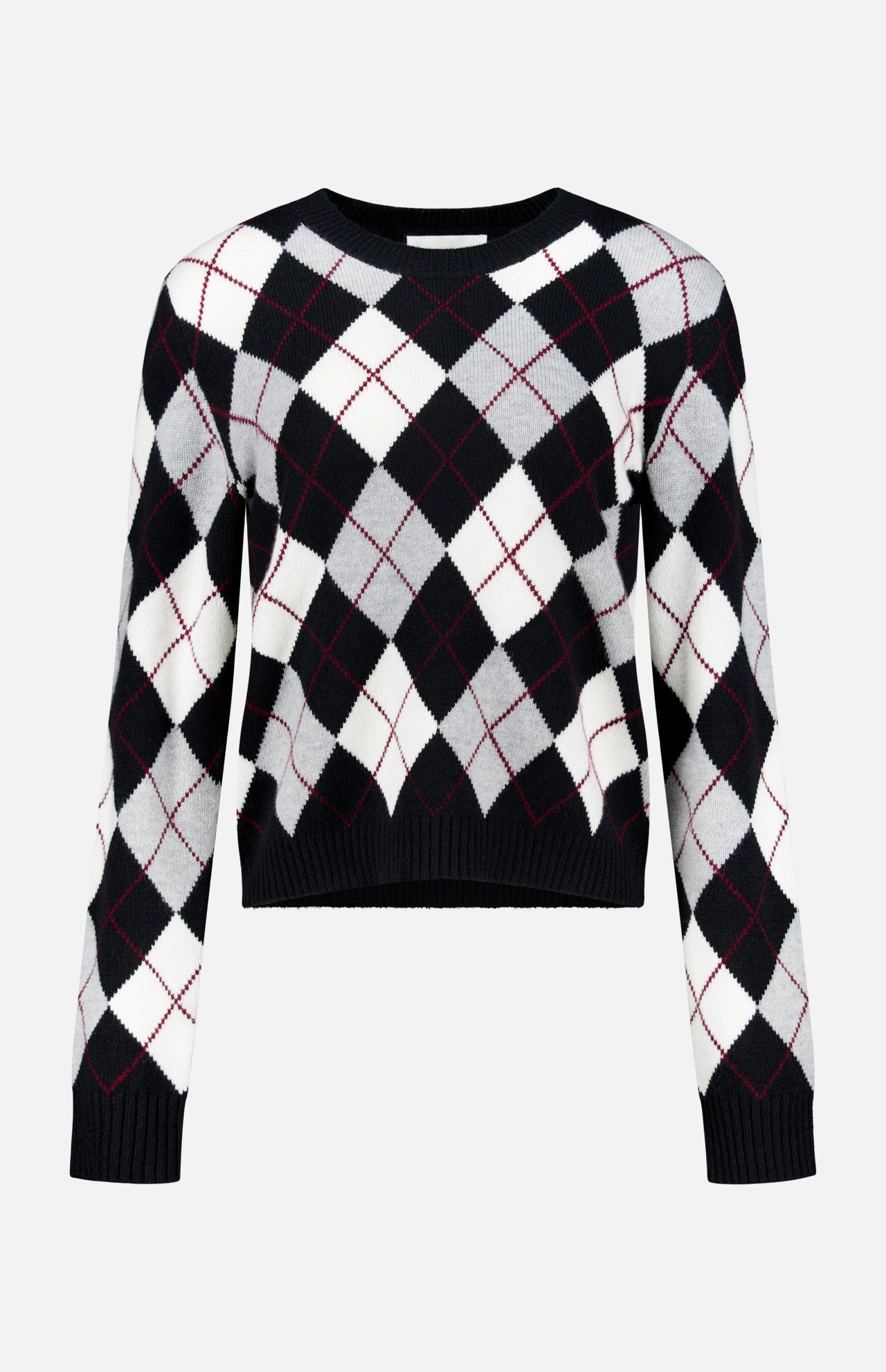 The Antoni Cashmere Argyle Sweater by LISA YANG is crafted from luxurious cashmere and features a classic black, white, and gray argyle pattern with thin red lines. It is displayed against a plain white background.