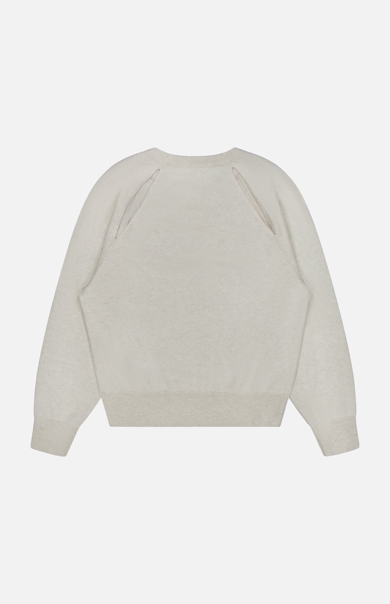 The Cambrie Crewneck Sweater by LISA YANG is shown from the back in beige, revealing its raglan sleeves and ribbed cuffs and hem against a plain white background—a refined staple that captures quiet luxury through its understated Scandinavian aesthetic.