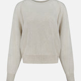 The Cambrie Crewneck Sweater by LISA YANG, shown in light beige on a plain white background, features long sleeves, a relaxed fit, and ribbed cuffs and hem—an ideal choice for embracing quiet luxury with a subtle Scandinavian aesthetic.