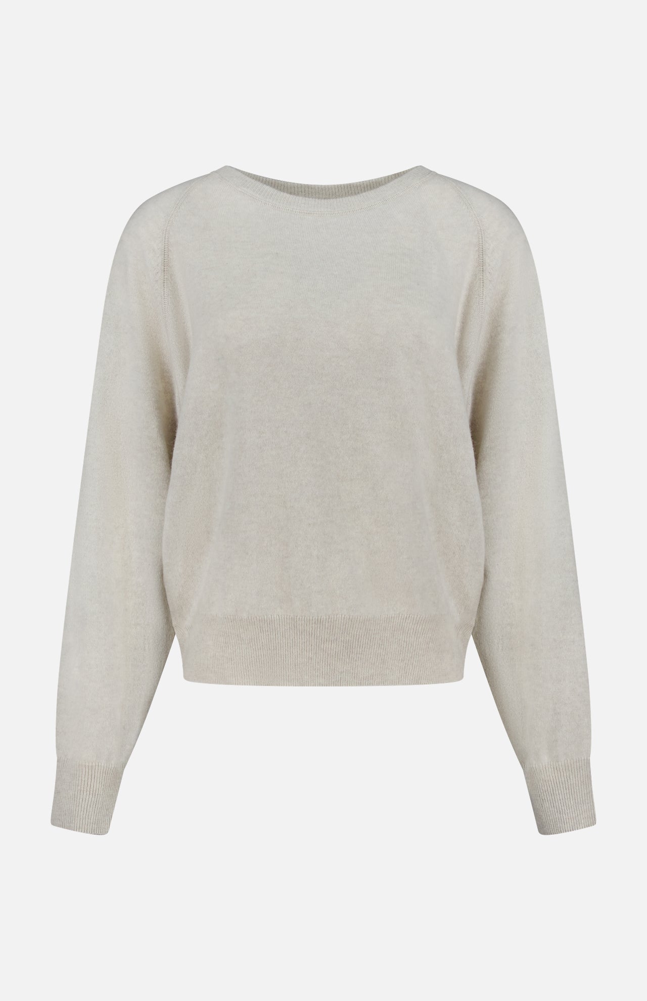 The Cambrie Crewneck Sweater by LISA YANG, shown in light beige on a plain white background, features long sleeves, a relaxed fit, and ribbed cuffs and hem—an ideal choice for embracing quiet luxury with a subtle Scandinavian aesthetic.