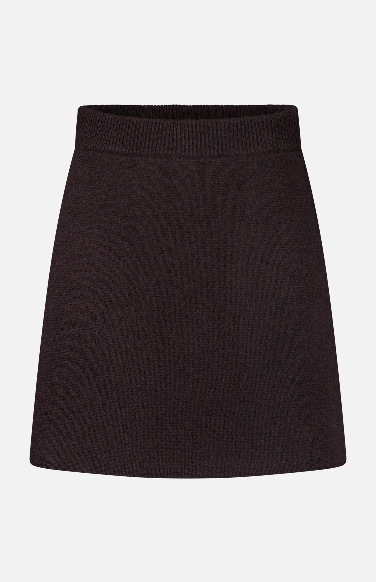 The Clare Cashmere Mini Skirt by LISA YANG is a plain black mini skirt featuring a ribbed elastic waistband, crafted from heavy knit cashmere and displayed against a white background—an understated staple from the slow luxury brand.