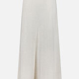 The Dolly Cashmere Maxi Skirt by LISA YANG features a light beige hue and a gently flowing, ankle-grazing silhouette. Crafted from soft, smooth cashmere reminiscent of light grey tones, it has a subtle ribbed waistband and showcases a simple, minimalist design.