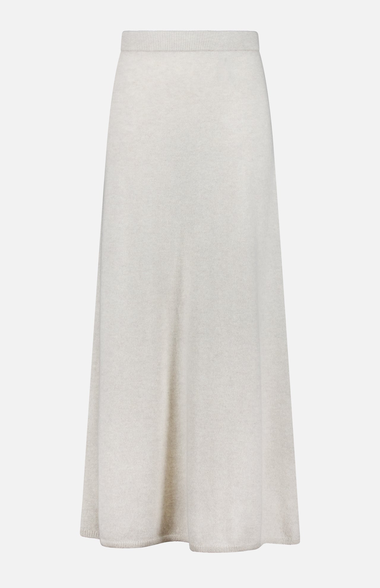 The Dolly Cashmere Maxi Skirt by LISA YANG features a light beige hue and a gently flowing, ankle-grazing silhouette. Crafted from soft, smooth cashmere reminiscent of light grey tones, it has a subtle ribbed waistband and showcases a simple, minimalist design.