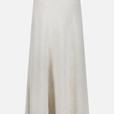 The Dolly Cashmere Maxi Skirt by LISA YANG, in a beige hue and crafted from soft cashmere, is showcased against a white background, combining timeless elegance with the versatility of a two-in-one skirt dress.