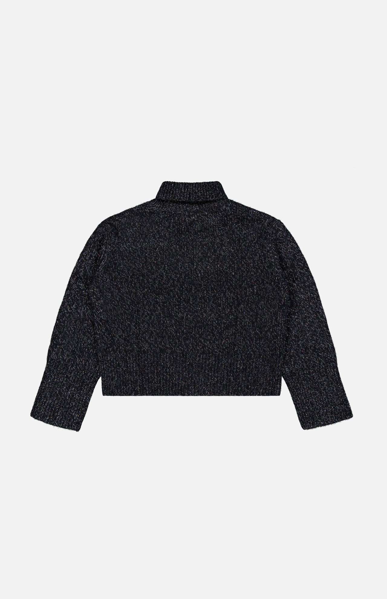 The Femi Sparkle Turtleneck Sweater by LISA YANG, in dark gray, features long sleeves and a ribbed knit design with a high neckline. Displayed flat with the back side facing up on a white background, this luxury cashmere piece delivers both comfort and style for any occasion.