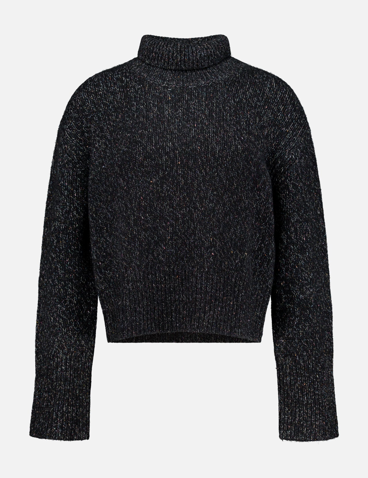 The Femi Sparkle Turtleneck Sweater by LISA YANG is a black, long-sleeve, ribbed knit cashmere sweater featuring a high neck and relaxed fit, shown against a plain white background. This luxury piece blends timeless elegance with exceptional comfort.