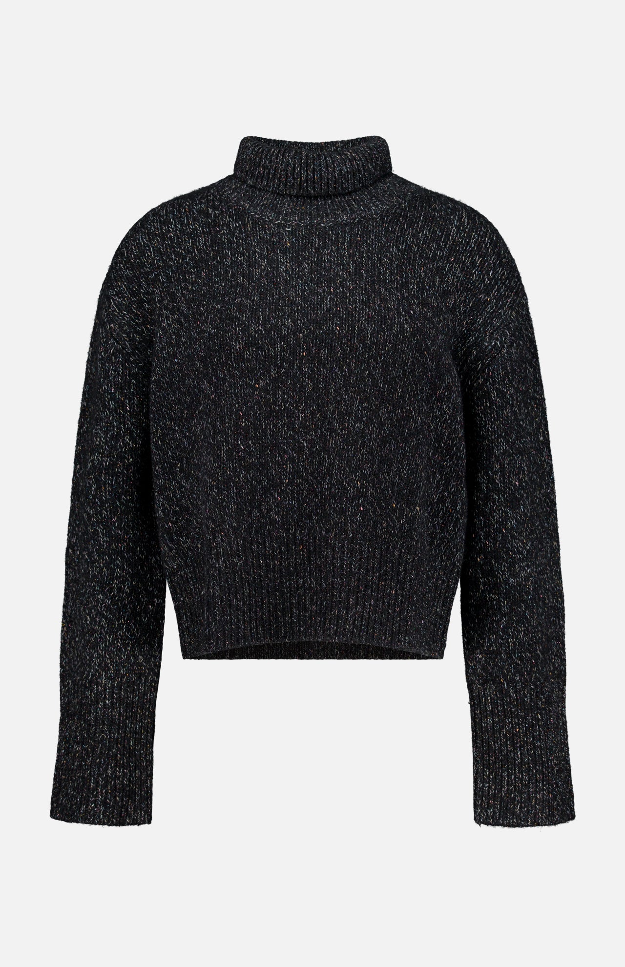 The Femi Sparkle Turtleneck Sweater by LISA YANG is a black, long-sleeve, ribbed knit cashmere sweater featuring a high neck and relaxed fit, shown against a plain white background. This luxury piece blends timeless elegance with exceptional comfort.