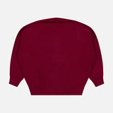 The Hally Cashmere Sweater by LISA YANG, featuring a plain design in dark red pure cashmere with long sleeves, is displayed laid flat on a white background to show the back side, highlighting its wide shoulders and ribbed cuffs and hem.