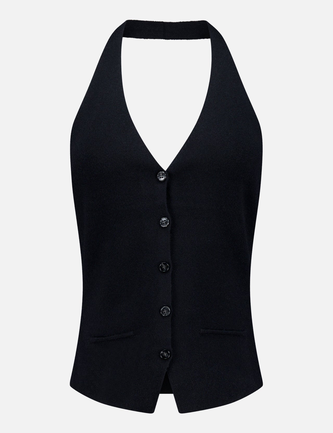The Immy Halter Top by LISA YANG is a black cashmere vest with a halter-neck design, five front buttons, a deep V-neckline, and two small front pockets, displayed on a plain white background—a refined piece from this slow luxury brand.