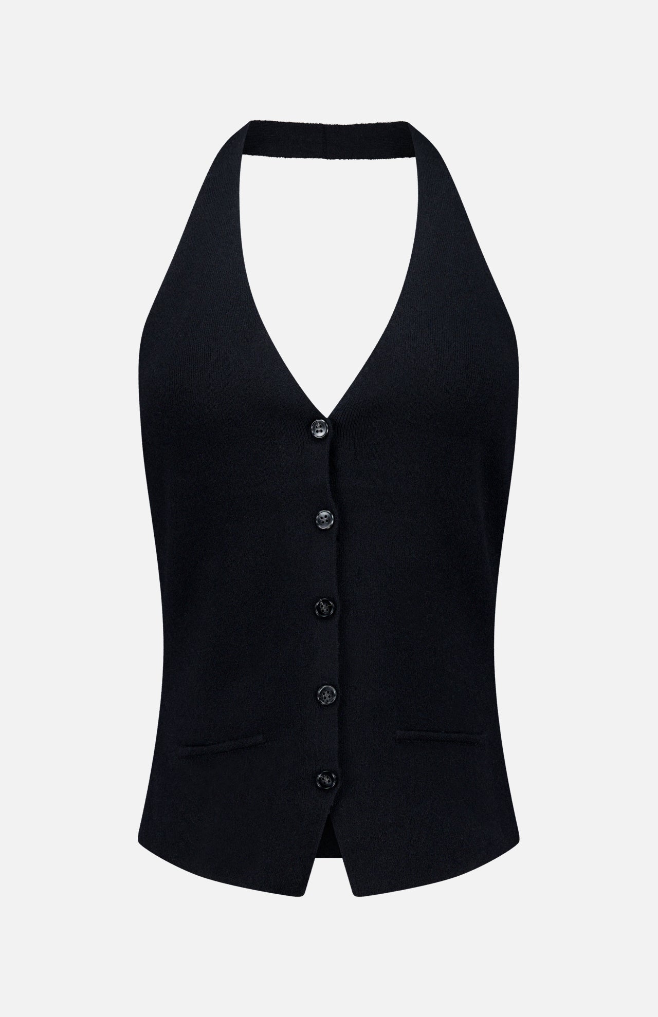 The Immy Halter Top by LISA YANG is a black cashmere vest with a halter-neck design, five front buttons, a deep V-neckline, and two small front pockets, displayed on a plain white background—a refined piece from this slow luxury brand.