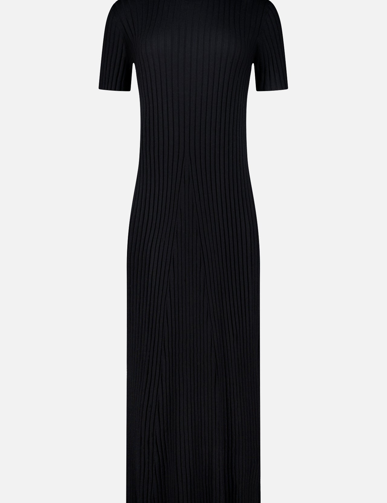 The Isabela Maxi Dress by LISA YANG is a black, ankle-length dress crafted from cotton-cashmere with short sleeves and a crew neckline. It features vertical ribbing that creates a fitted silhouette, combining simplicity with elegance.