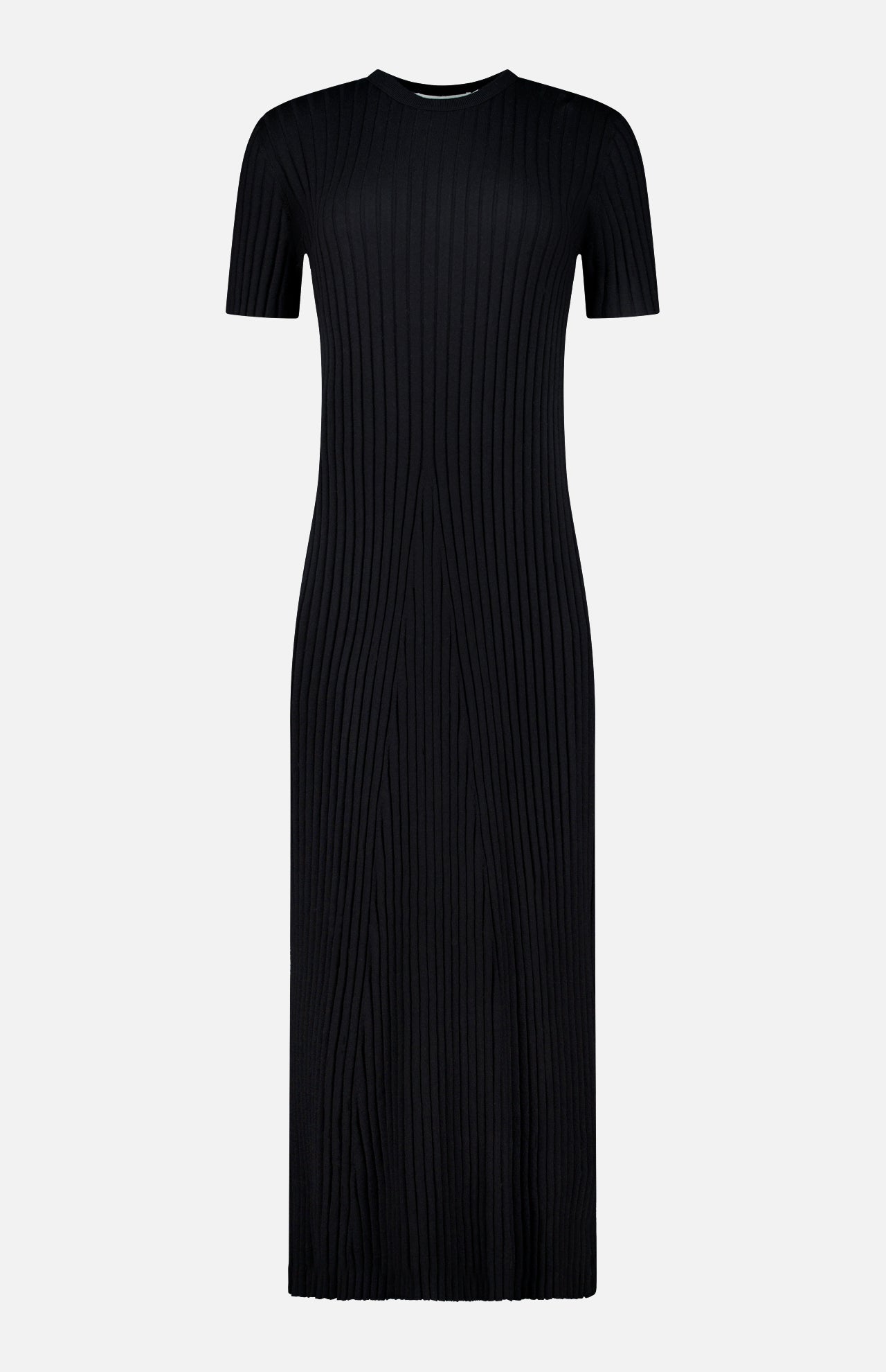 The Isabela Maxi Dress by LISA YANG is a black, ankle-length dress crafted from cotton-cashmere with short sleeves and a crew neckline. It features vertical ribbing that creates a fitted silhouette, combining simplicity with elegance.