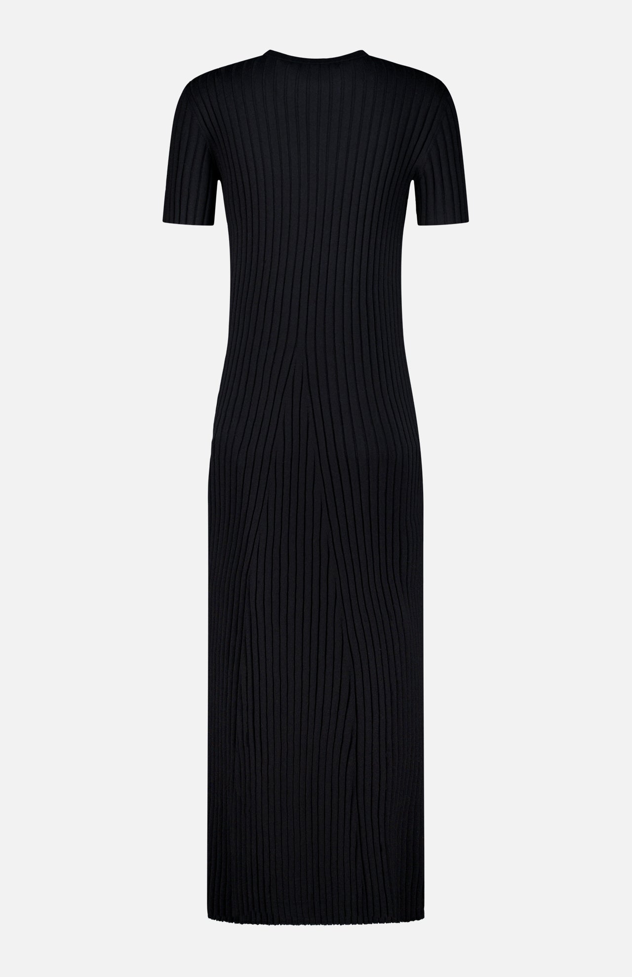 The Isabela Maxi Dress by LISA YANG is a black, ankle-length ribbed knit dress featuring short sleeves and a crew neckline, displayed from the back against a plain white background.