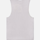 The LISA YANG Lora Cashmere Tank Top is displayed laid flat with the back side facing up, showcasing its light gray, sleeveless cable-knit design against a plain white background.