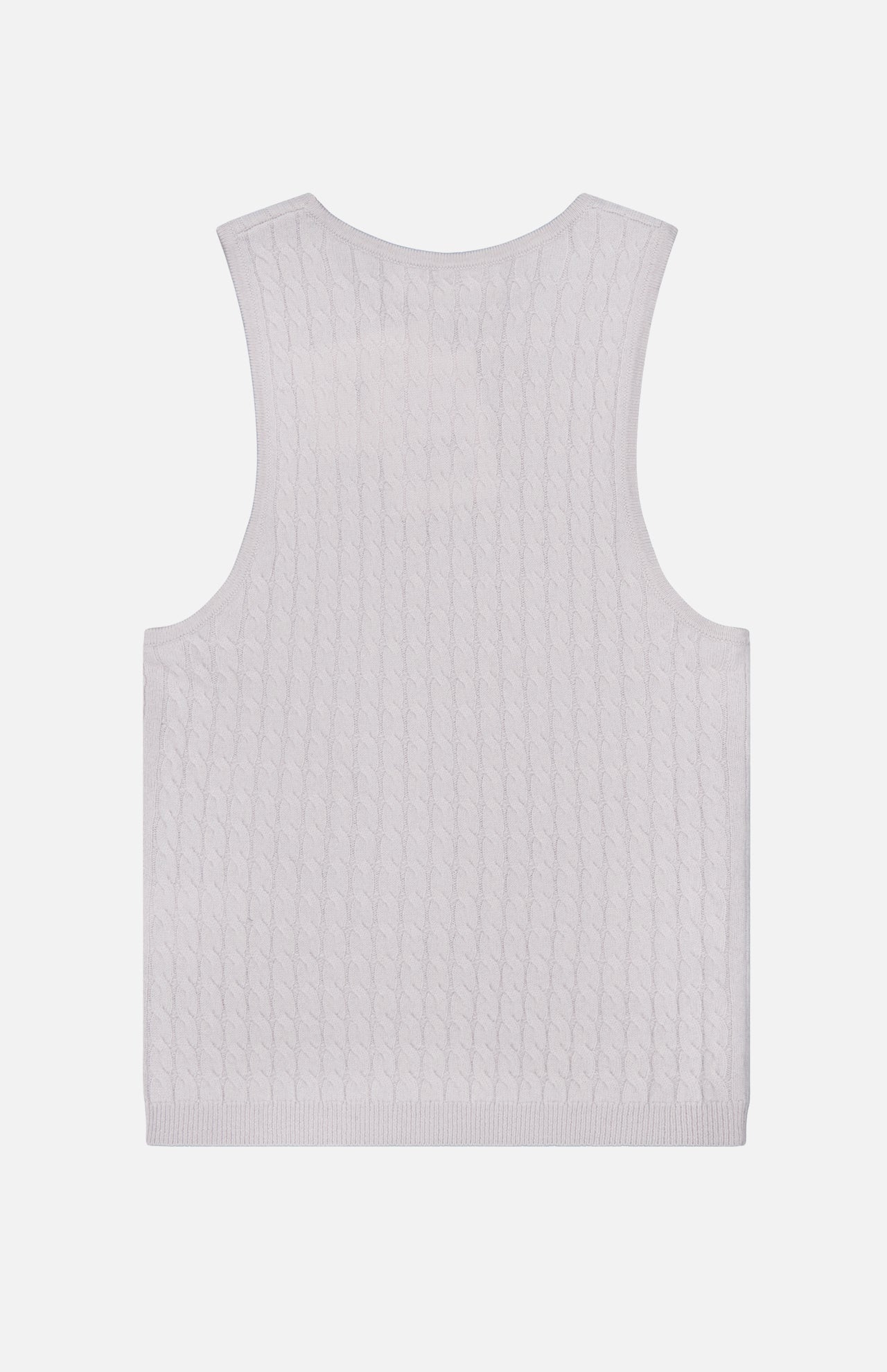 The LISA YANG Lora Cashmere Tank Top is displayed laid flat with the back side facing up, showcasing its light gray, sleeveless cable-knit design against a plain white background.