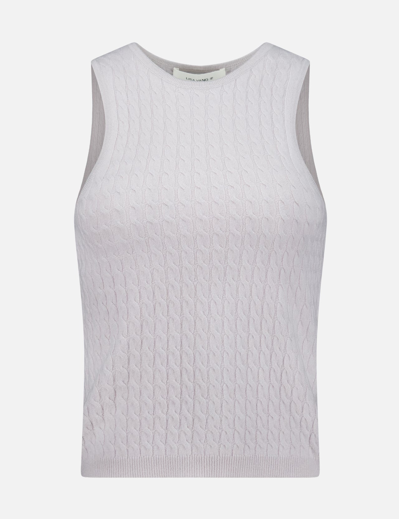 LISA YANG’s Lora Cashmere Tank Top is a sleeveless white cable-knit sweater vest featuring a round neckline, shown against a plain white background.