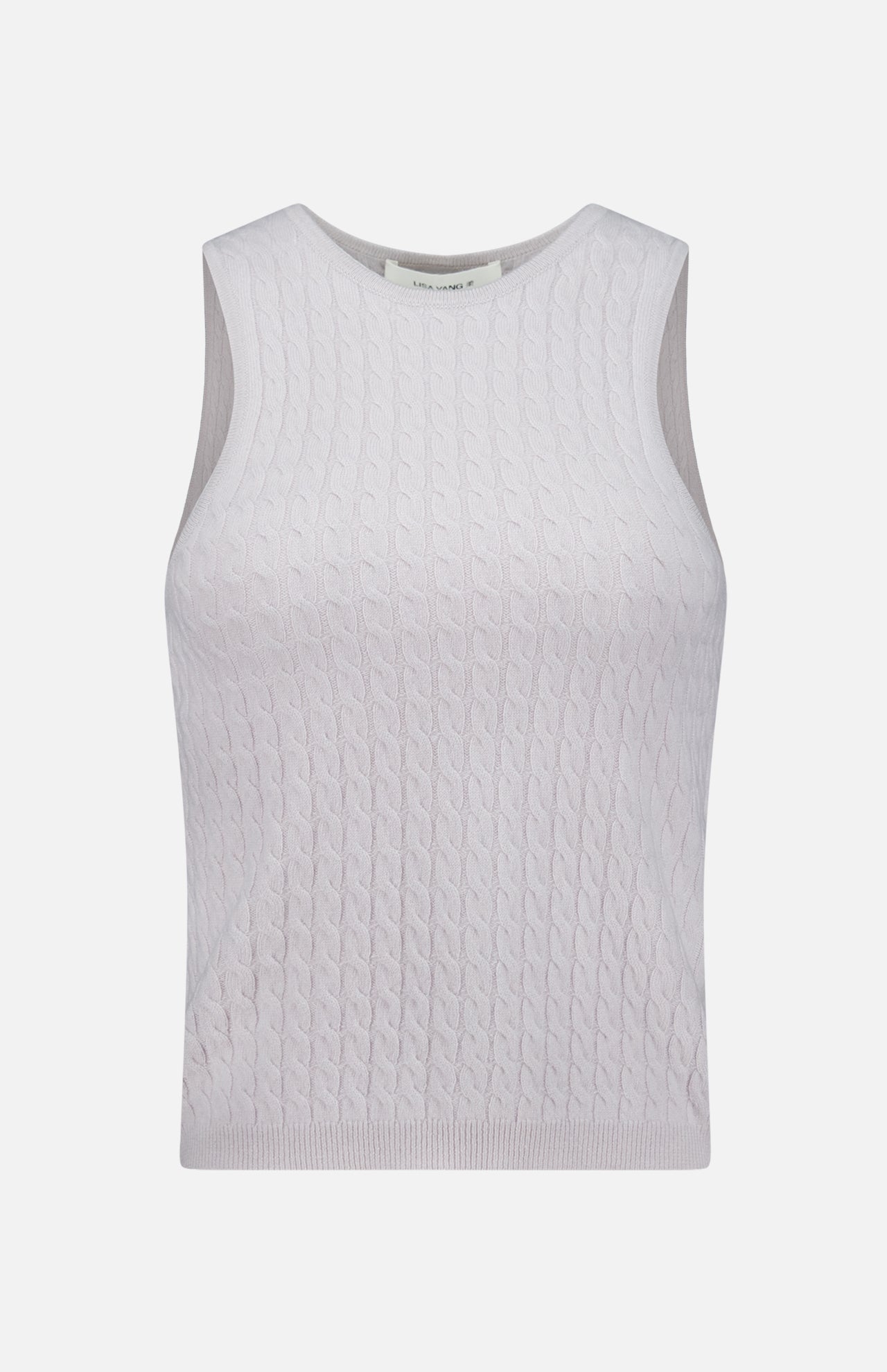 LISA YANG’s Lora Cashmere Tank Top is a sleeveless white cable-knit sweater vest featuring a round neckline, shown against a plain white background.