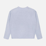 Back view of the LISA YANG Lova Cashmere and Silk Sweater in light blue, with long sleeves, laid flat on a white background to highlight its refined Scandinavian aesthetic.