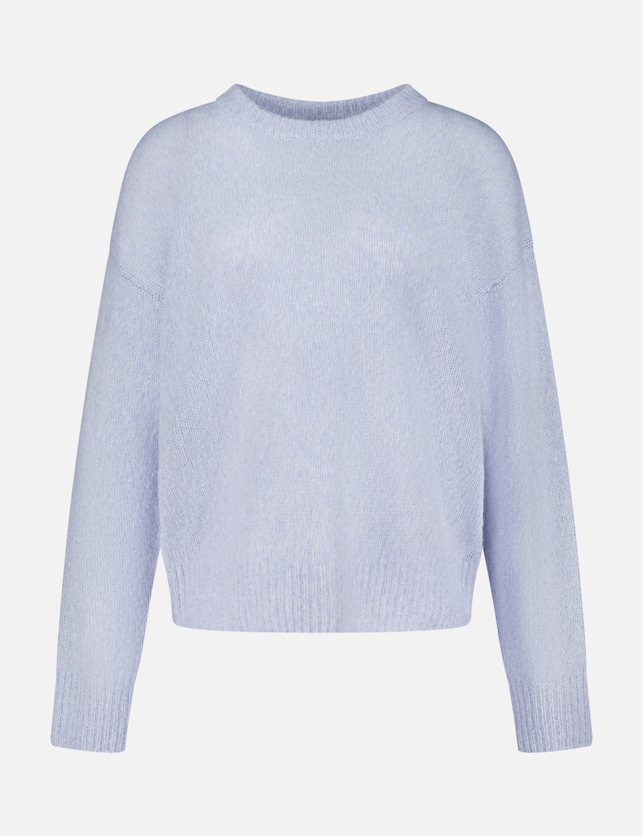 The LISA YANG Lova Cashmere and Silk Sweater in light blue features long sleeves and a crew neckline, showcased against a plain white background. Designed with a relaxed fit, this sweater is finished with ribbed cuffs, hem, and neckline for understated Scandinavian elegance.
