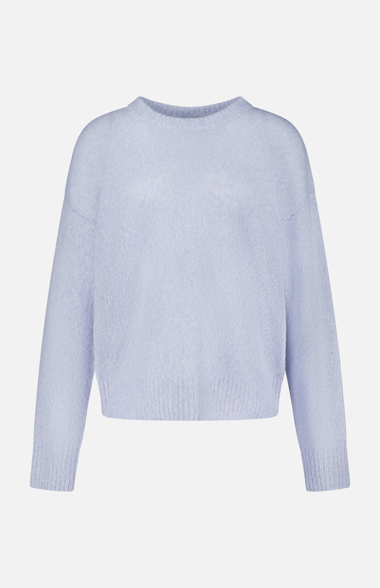 The LISA YANG Lova Cashmere and Silk Sweater in light blue features long sleeves and a crew neckline, showcased against a plain white background. Designed with a relaxed fit, this sweater is finished with ribbed cuffs, hem, and neckline for understated Scandinavian elegance.