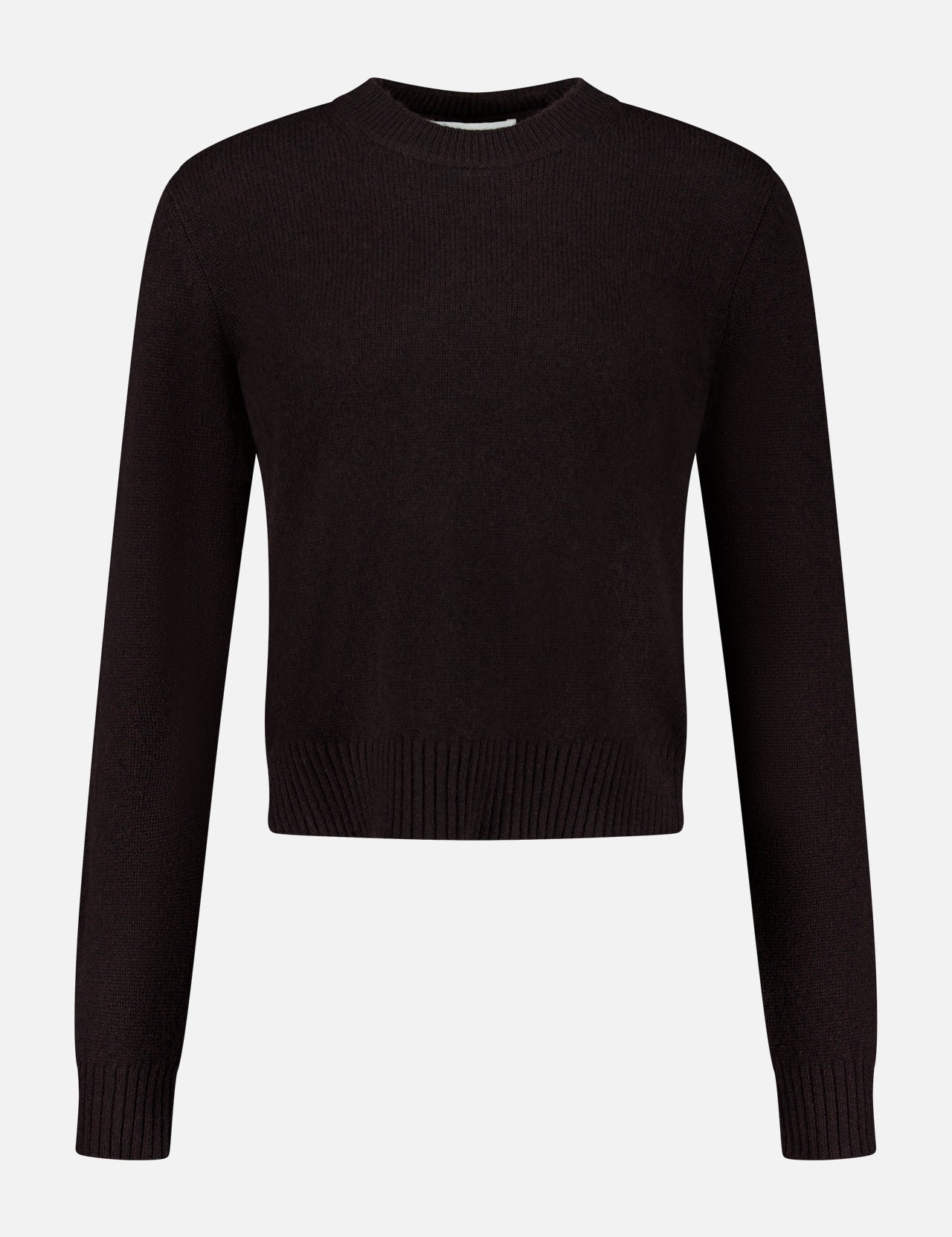 The LISA YANG Mable Cashmere Sweater—a minimalist black long-sleeve knit featuring a crew neckline, ribbed cuffs, and a ribbed hem that reflects Scandinavian-inspired slow luxury—is displayed against a white background.