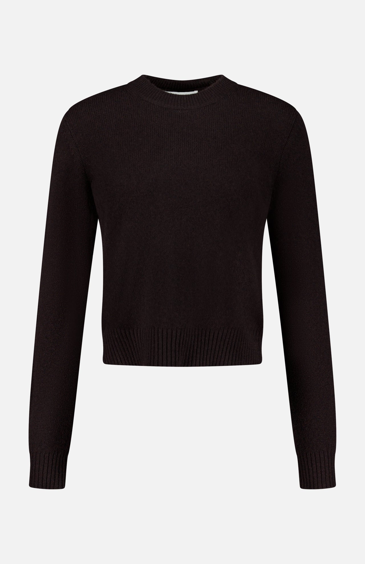 The LISA YANG Mable Cashmere Sweater—a minimalist black long-sleeve knit featuring a crew neckline, ribbed cuffs, and a ribbed hem that reflects Scandinavian-inspired slow luxury—is displayed against a white background.