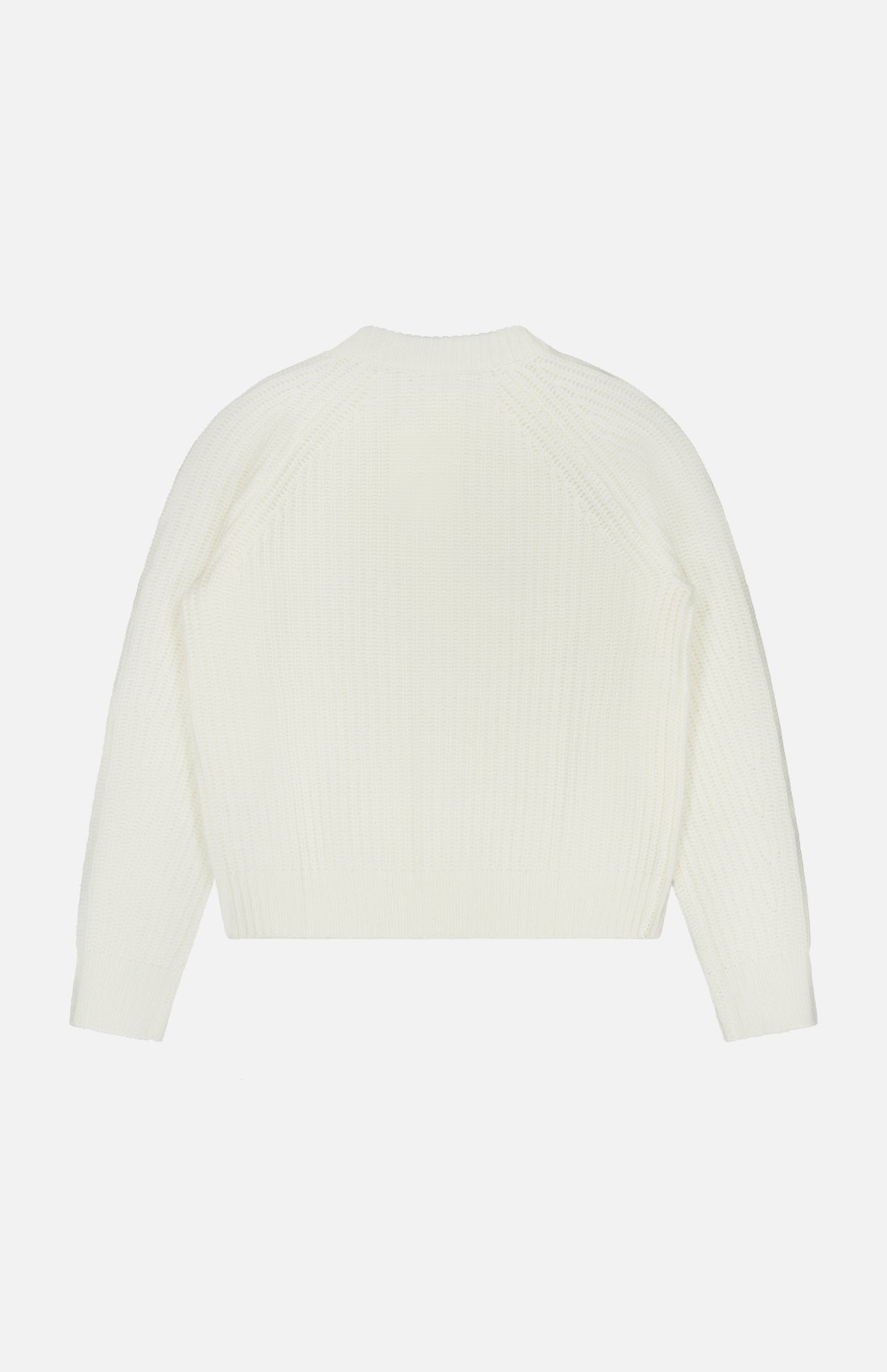 The LISA YANG Miki Cashmere Sweater, crafted from pure cashmere, is displayed laid flat on a white background. This luxury sweater showcases a ribbed texture and features a simple, classic design with long sleeves and a crew neckline in plain white.