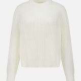 The Miki Cashmere Sweater by LISA YANG is a white, long-sleeved ribbed knit with a crew neckline, crafted from pure cashmere and showcased against a plain white background.
