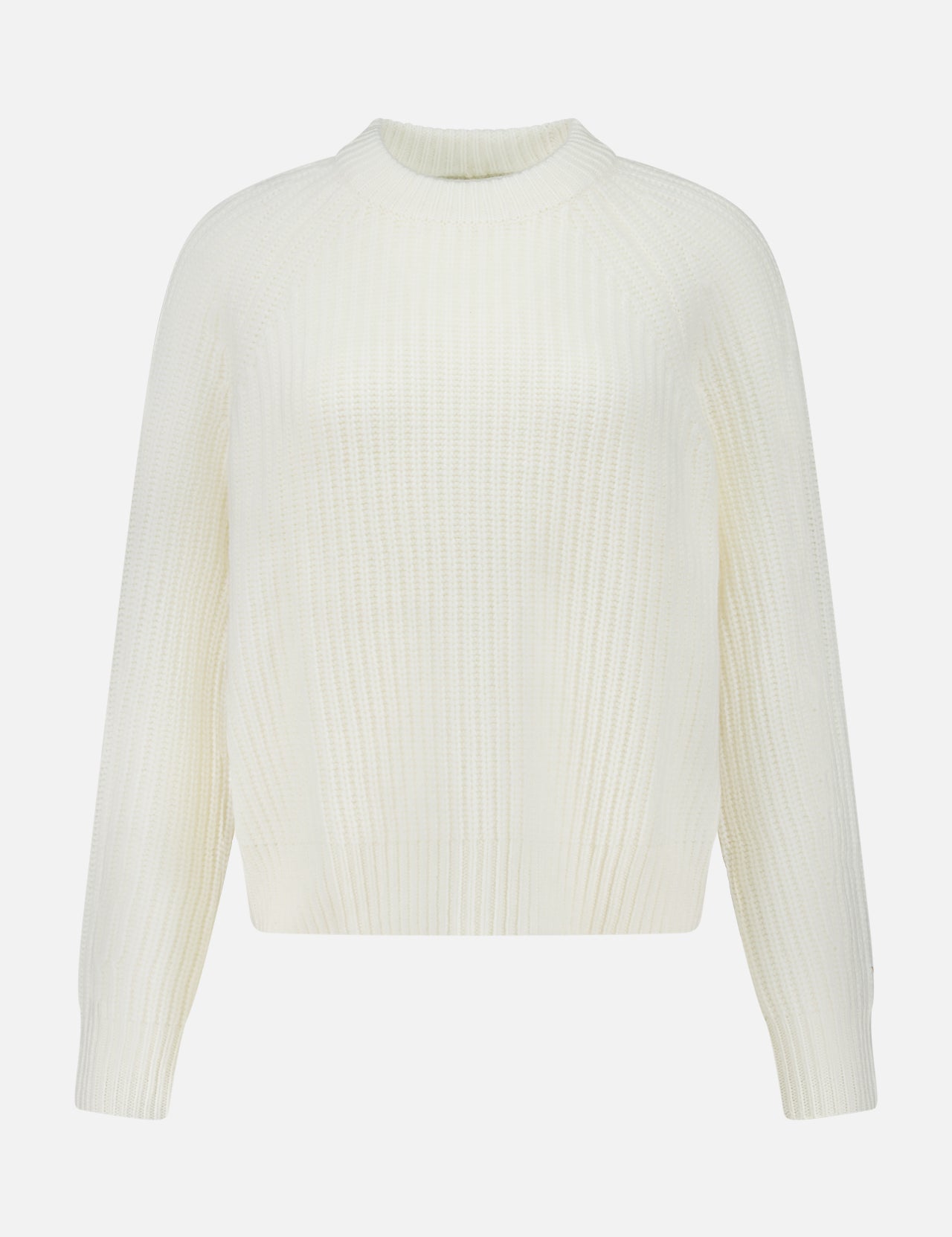 The Miki Cashmere Sweater by LISA YANG is a white, long-sleeved ribbed knit with a crew neckline, crafted from pure cashmere and showcased against a plain white background.