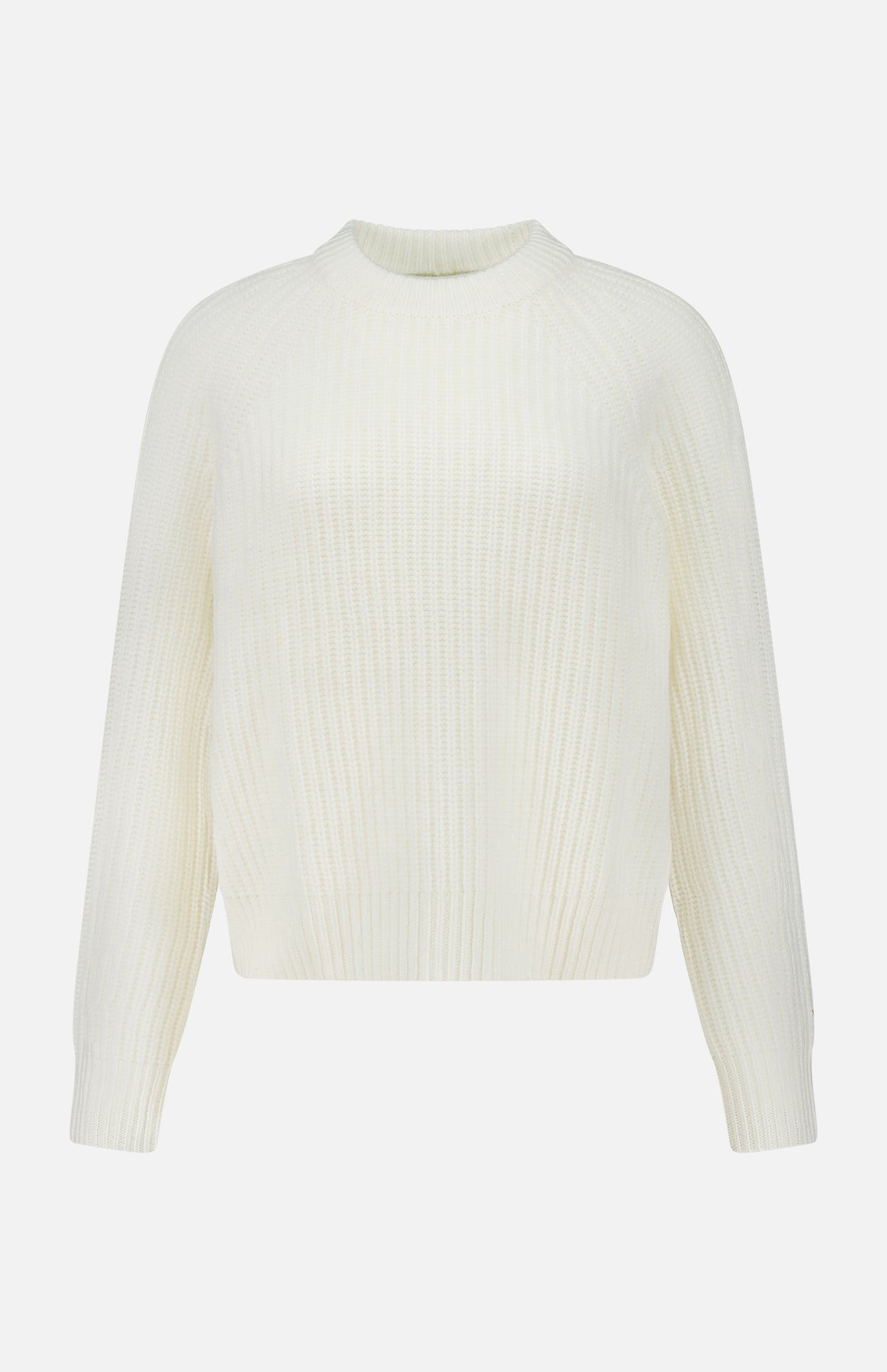 The Miki Cashmere Sweater by LISA YANG is a white, long-sleeved ribbed knit with a crew neckline, crafted from pure cashmere and showcased against a plain white background.