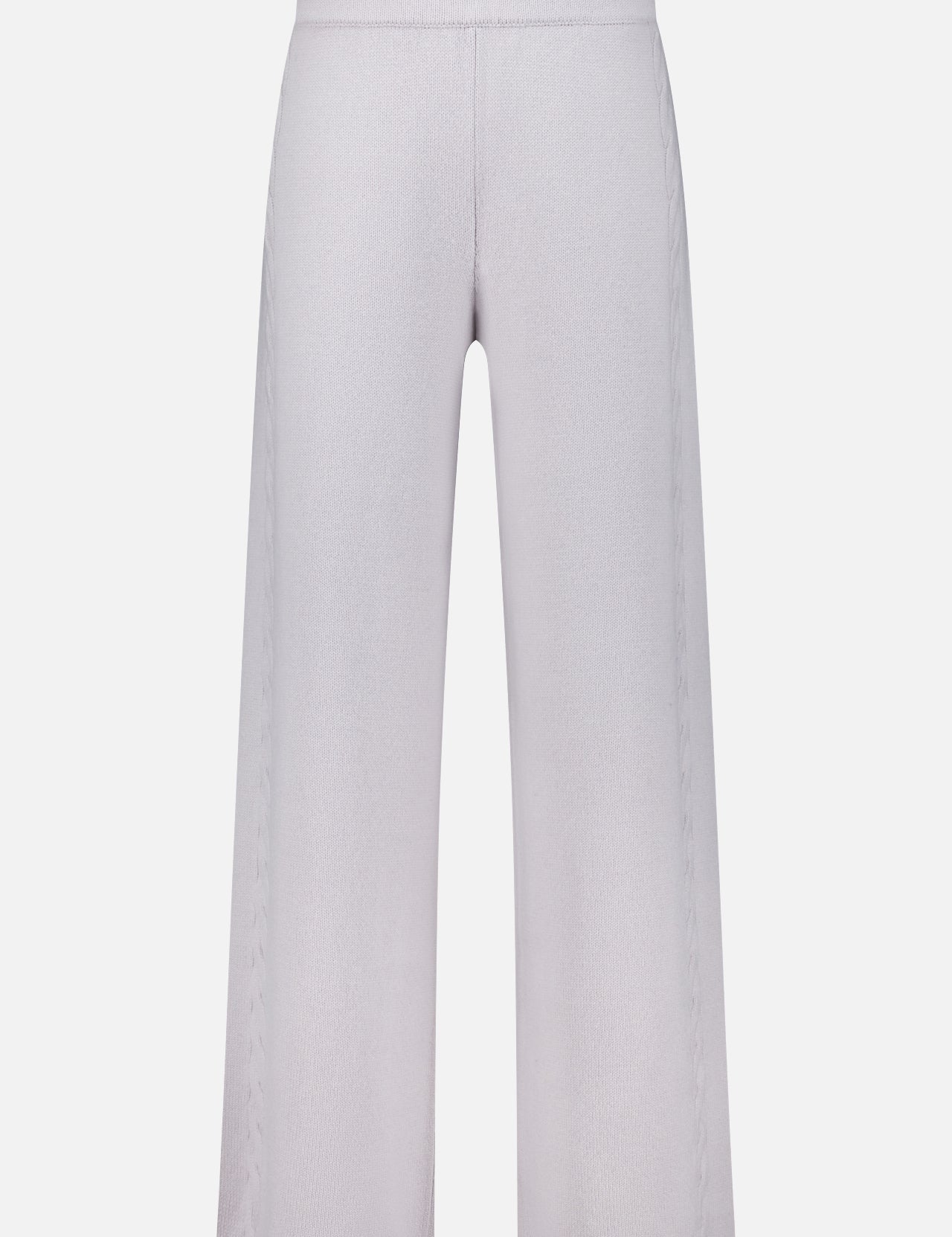 The Olanda Cashmere Wide-leg Pant by LISA YANG features a light gray color, high-rise waist, wide leg silhouette, and subtle vertical texture, crafted from a minimalist cashmere blend and shown against a plain white background.