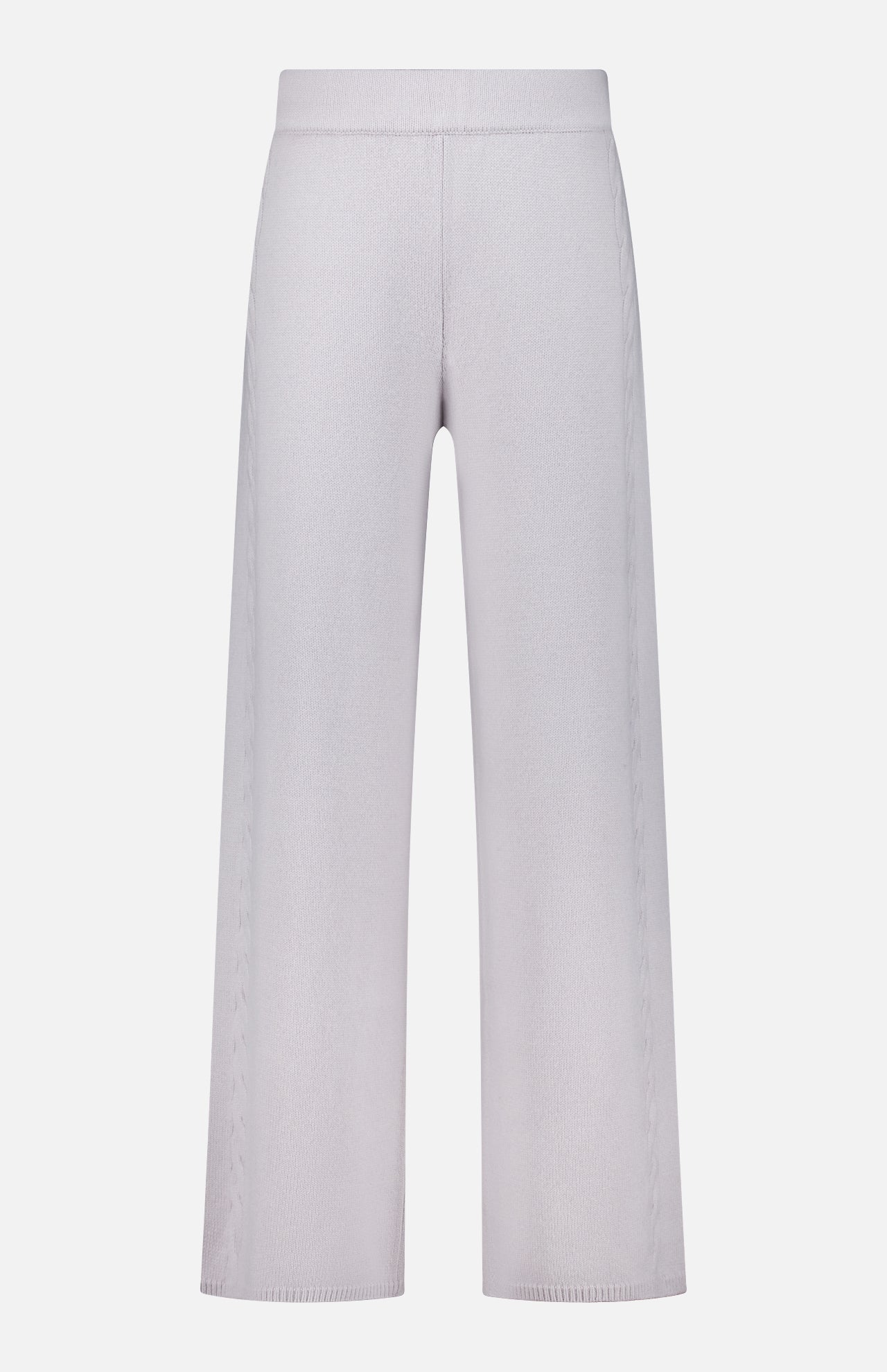 The Olanda Cashmere Wide-leg Pant by LISA YANG features a light gray color, high-rise waist, wide leg silhouette, and subtle vertical texture, crafted from a minimalist cashmere blend and shown against a plain white background.