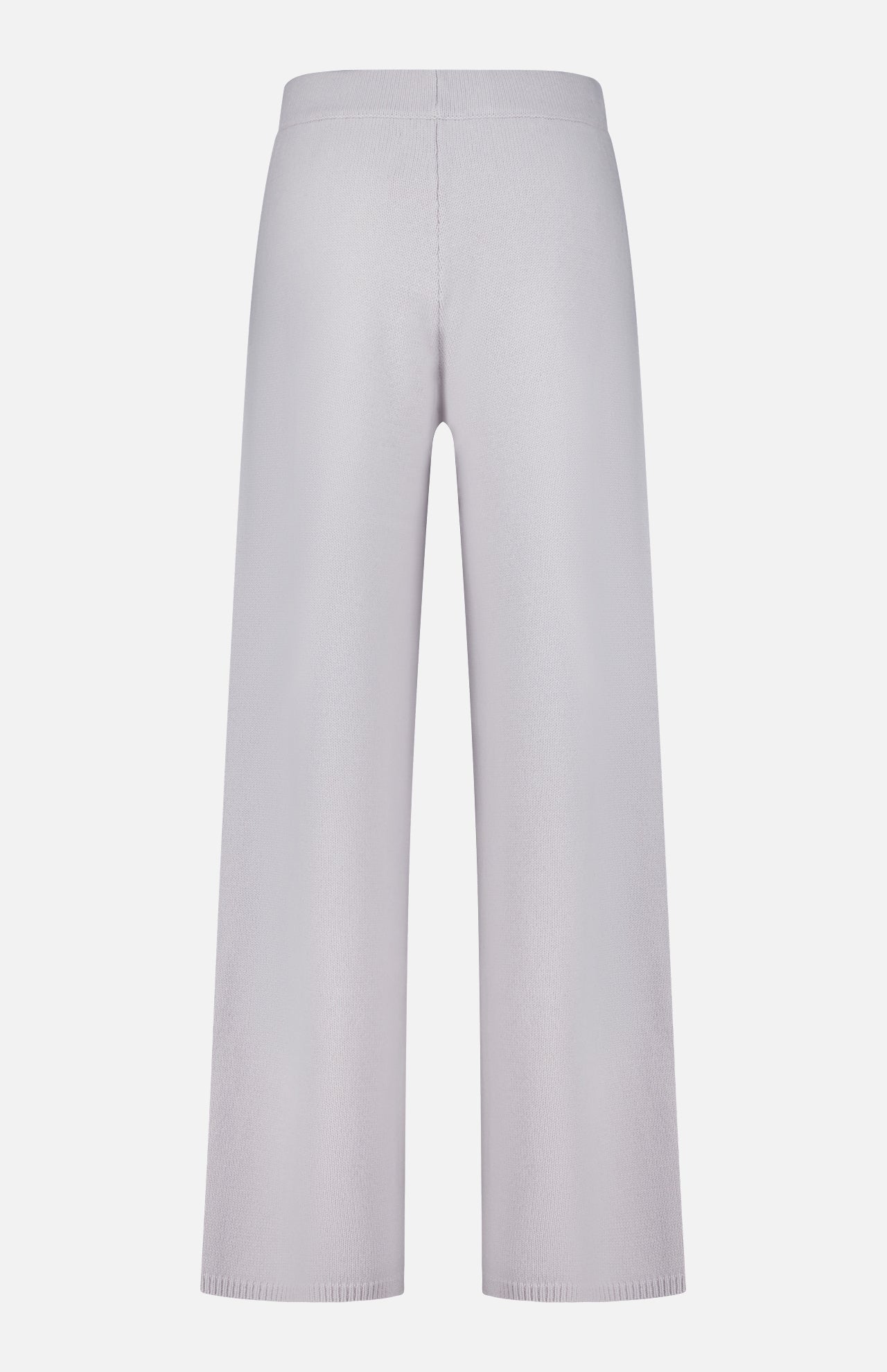 The Olanda Cashmere Wide-leg Pant by LISA YANG is shown from the back in light grey, showcasing its high waist, full length, and relaxed fit. Displayed on a plain white background, these minimalist pants blend effortless sophistication with luxurious comfort.