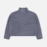 The LISA YANG Sandy Brushed Cashmere Sweater is a fuzzy, long-sleeve, light purple cropped sweater with a mock neck and a brushed cashmere feel, shown laid flat on a white background.