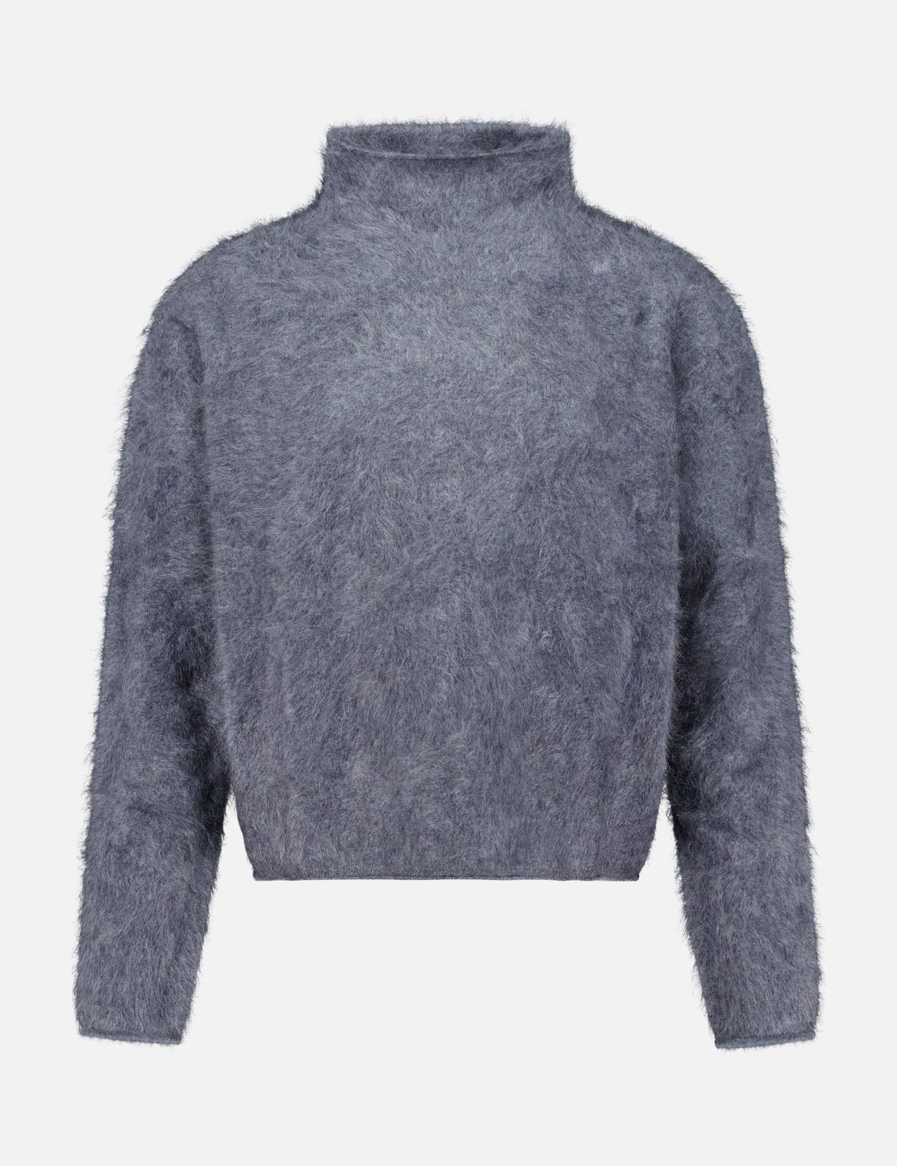 The Sandy Brushed Cashmere Sweater by LISA YANG is a gray, fuzzy long-sleeve knit featuring a mock neck and a slightly cropped fit. Crafted from brushed cashmere, it has a soft, textured appearance and is displayed on a plain white background.