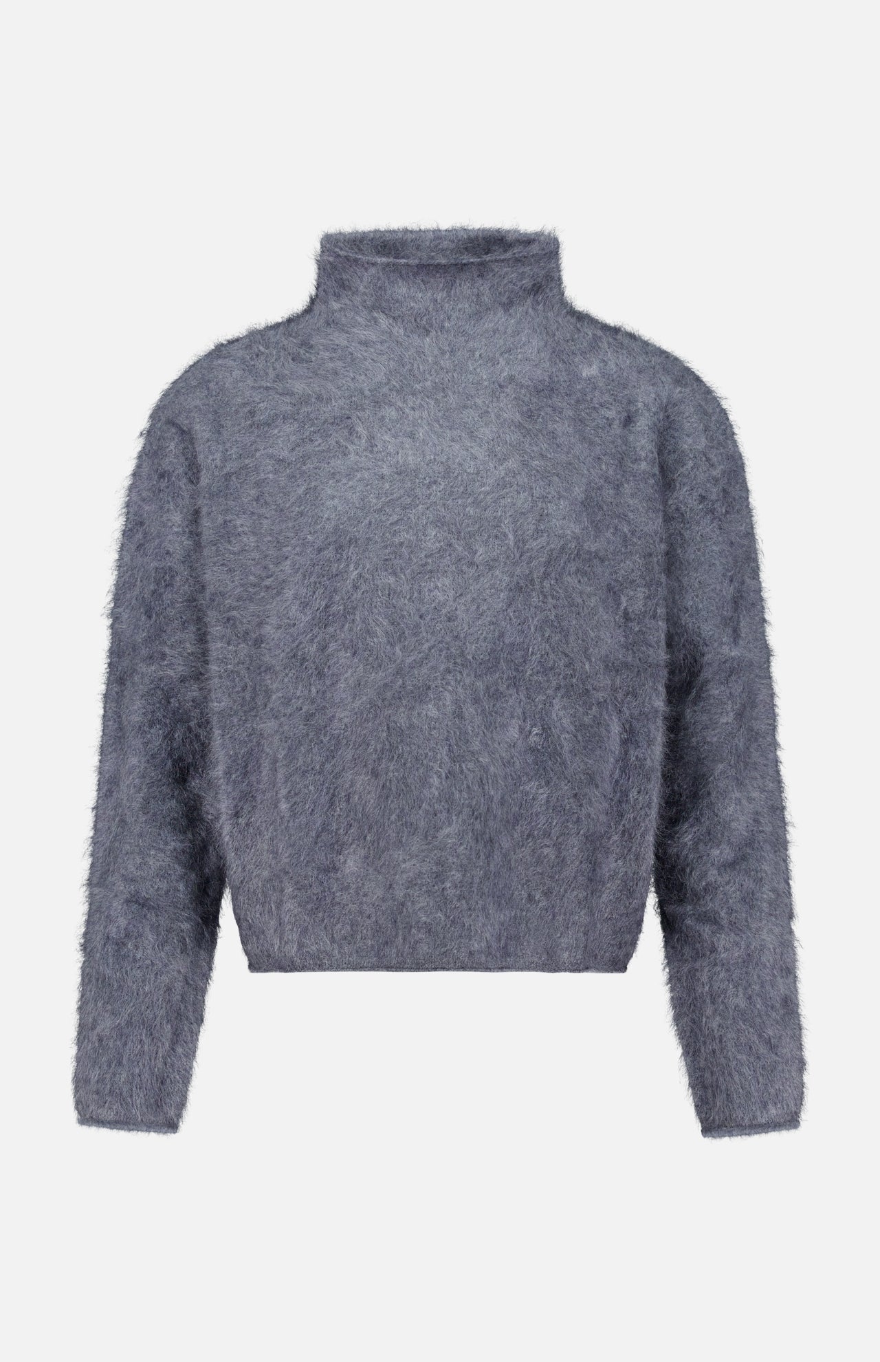 The Sandy Brushed Cashmere Sweater by LISA YANG is a gray, fuzzy long-sleeve knit featuring a mock neck and a slightly cropped fit. Crafted from brushed cashmere, it has a soft, textured appearance and is displayed on a plain white background.