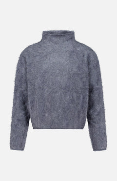 The Sandy Brushed Cashmere Sweater by LISA YANG is a gray, fuzzy long-sleeve knit featuring a mock neck and a slightly cropped fit. Crafted from brushed cashmere, it has a soft, textured appearance and is displayed on a plain white background.