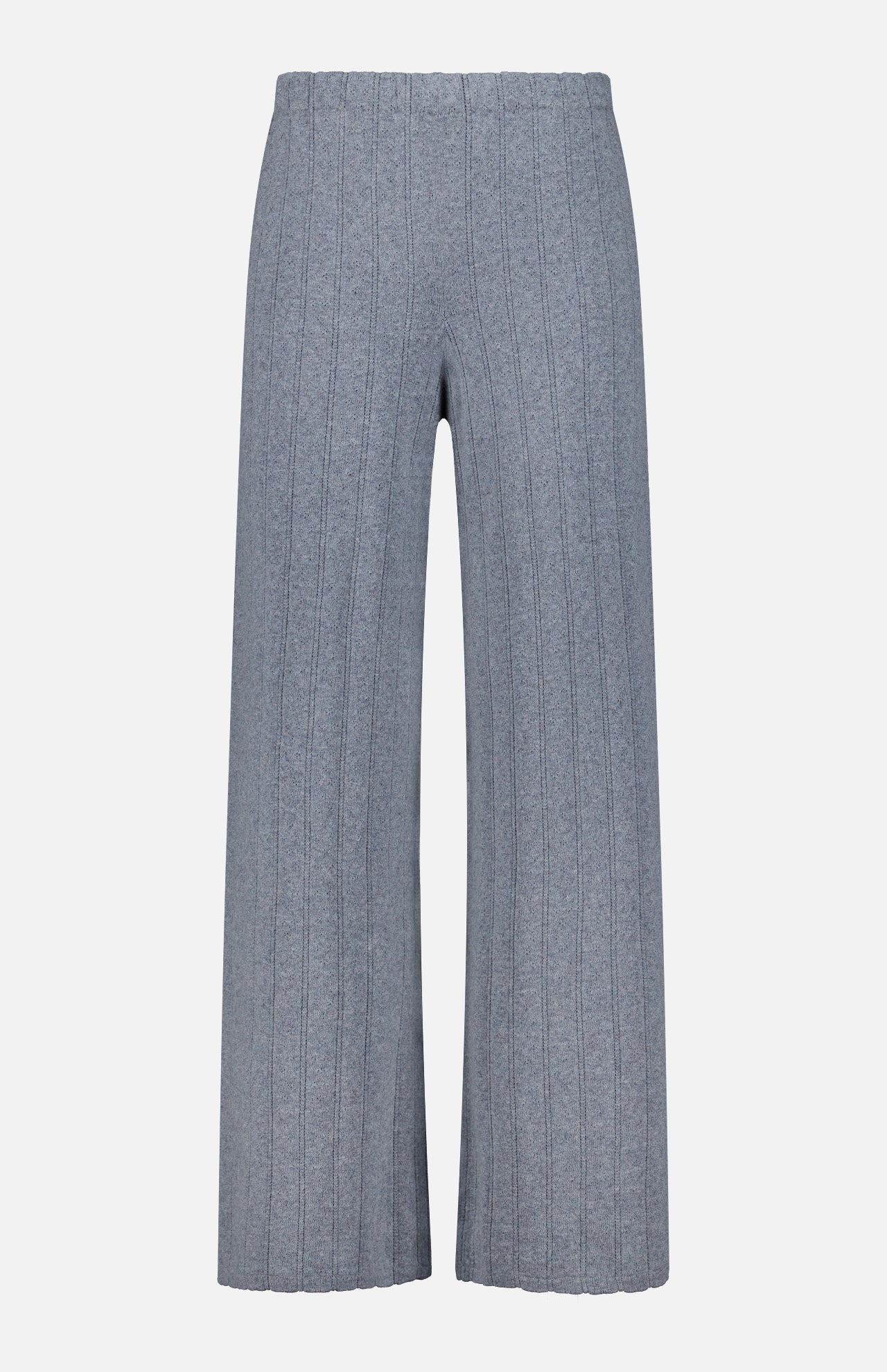 Shannen Wide Leg Cashmere Pants by LISA YANG, featuring a gray hue with a vertical ribbed pattern, crafted from a soft cotton-cashmere blend and displayed against a plain white background.