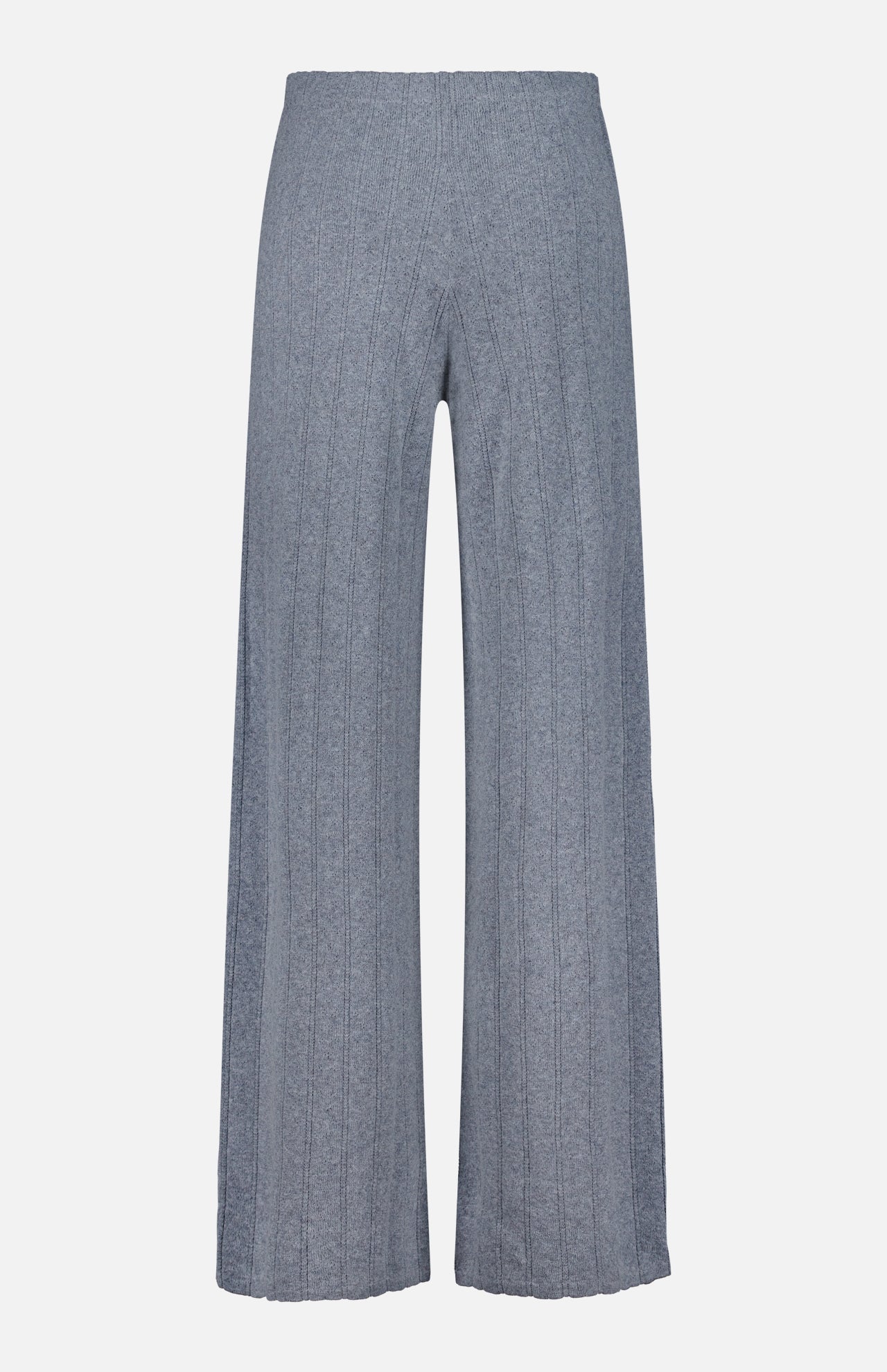 LISA YANG’s Shannen Wide Leg Cashmere Pants in gray feature a high-waisted, wide-leg silhouette with a vertical ribbed knit texture, shown front-facing against a white background.