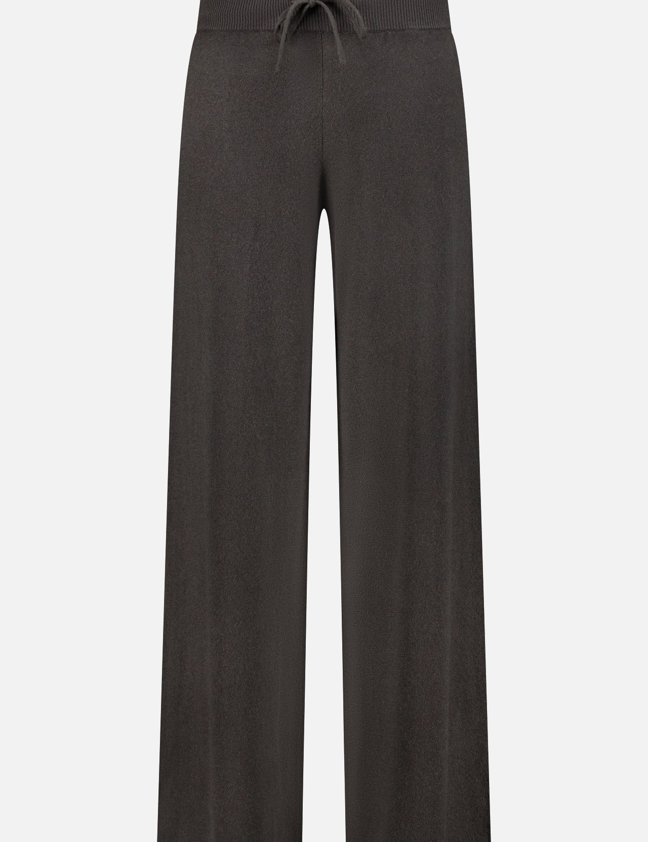 The Sofi Cashmere Drawstring Pant by LISA YANG is a pair of wide-leg, ankle-length black pants featuring a ribbed elastic waistband and drawstring tie, designed in the spirit of slow luxury with Scandinavian influences, presented against a plain white background.