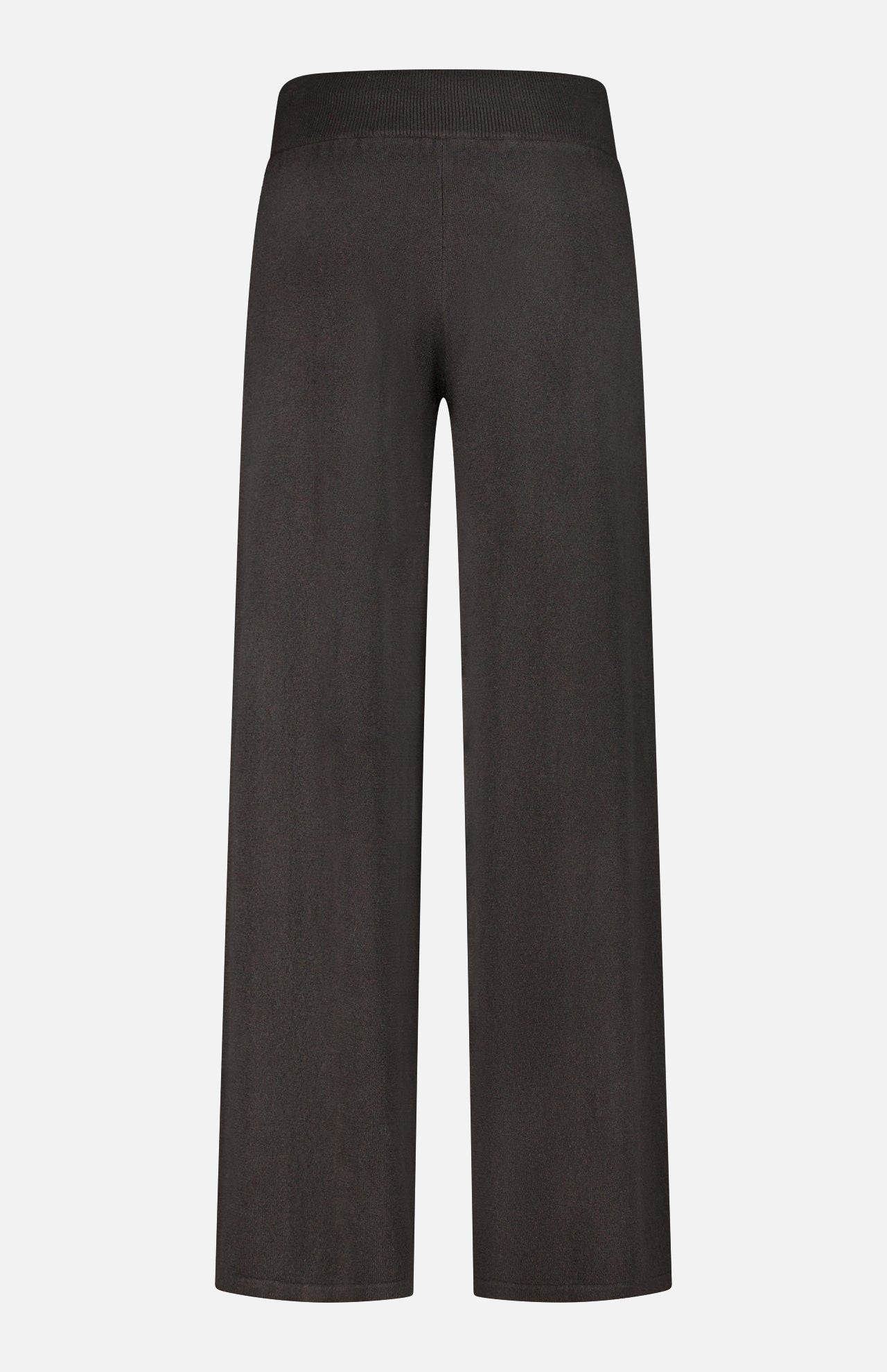 The Sofi Cashmere Drawstring Pant by LISA YANG is shown from the back against a plain white background. Inspired by the Scandinavian aesthetic, these black wide-leg pants feature a simple, loose-fitting design with an elastic waistband and no visible pockets or embellishments.