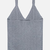 The Suni V-neck Tank Top by LISA YANG is a gray ribbed knit camisole featuring scalloped trim along the straps and neckline, crafted from a soft cotton-cashmere blend and displayed flat against a white background.