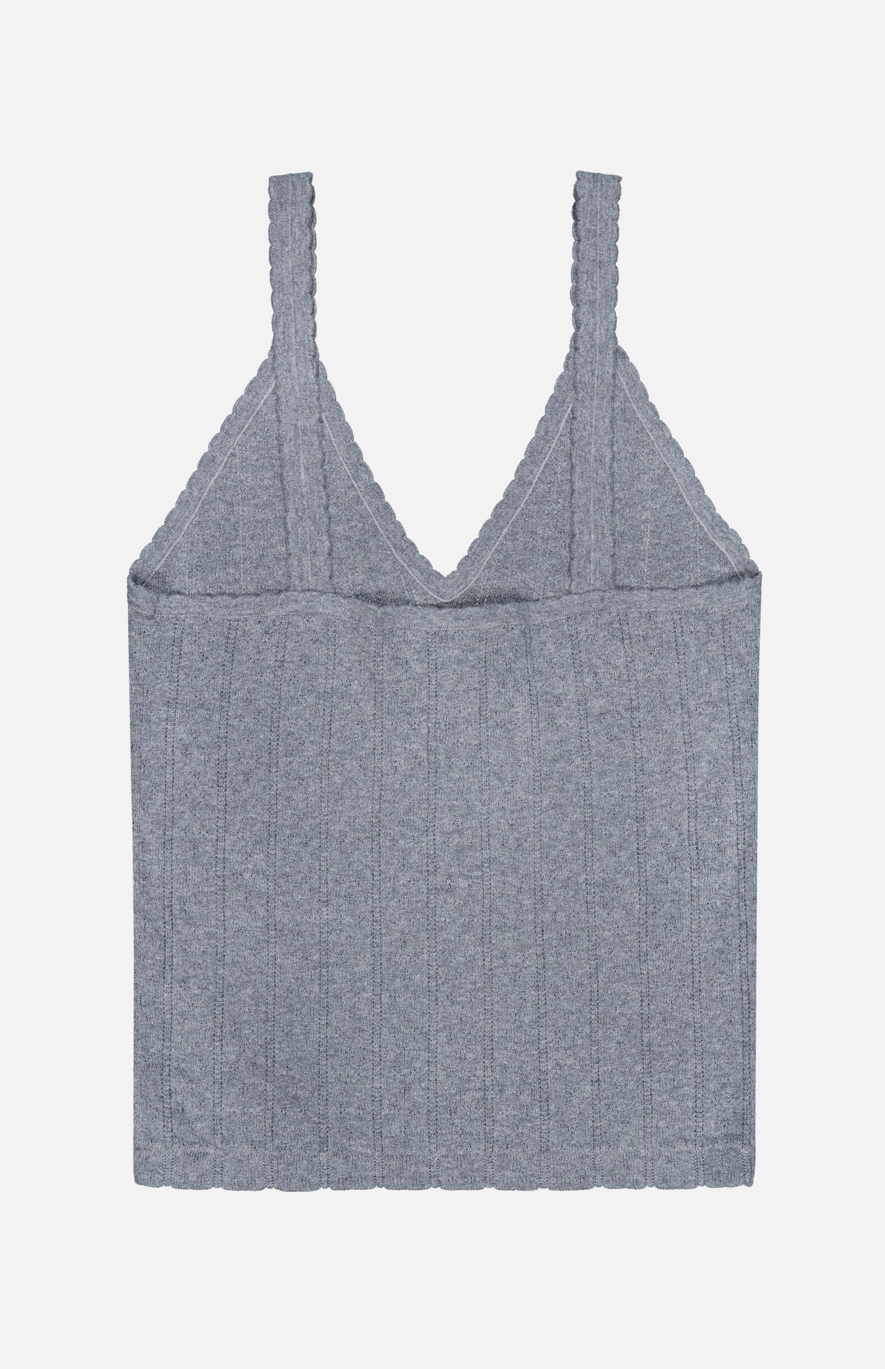The Suni V-neck Tank Top by LISA YANG is a gray ribbed knit camisole featuring scalloped trim along the straps and neckline, crafted from a soft cotton-cashmere blend and displayed flat against a white background.