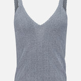 The Suni V-neck Tank Top by LISA YANG is a light gray, ribbed knit cotton-cashmere tank featuring scalloped edges and a V-neckline, displayed on a plain white background.