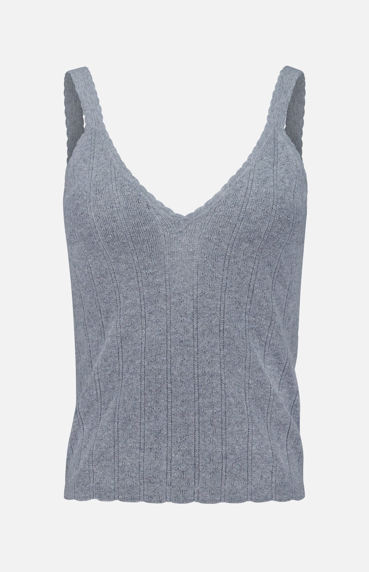 The Suni V-neck Tank Top by LISA YANG is a light gray, ribbed knit cotton-cashmere tank featuring scalloped edges and a V-neckline, displayed on a plain white background.