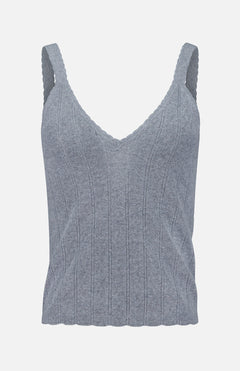The Suni V-neck Tank Top by LISA YANG is a light gray, ribbed knit cotton-cashmere tank featuring scalloped edges and a V-neckline, displayed on a plain white background.