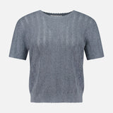 The Suyin T-Shirt by LISA YANG is a short-sleeved, light gray knitted cashmere top featuring a round neckline and a subtle vertical ribbed pattern, shown on a plain white background.